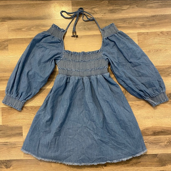Free People Denim Smocked Mini Dress - Picture 4 of 10